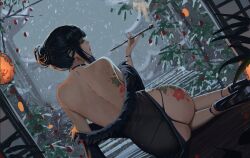 1girl ass back bare_shoulders black_dress black_hair black_panties black_shoes closed_eyes commentary dress dutch_angle eyelashes hair_bun high_heels highres holding holding_smoking_pipe long_hair neo_(neorarty3) off_shoulder original panties red_nails see-through_clothes see-through_dress shoes single_hair_bun sitting smoking_pipe snowing solo tattoo thong underwear yokozuwari