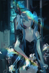 1girl bare_shoulders blue_eyes blue_hair blush bow breasts chair cleavage collarbone commentary curtains dress flower frilled_dress frills hair_between_eyes hair_bow hair_ornament hatsune_miku highres hitokoto holding holding_flower lily_(flower) long_hair looking_at_viewer medium_breasts off_shoulder open_mouth shinkai_shoujo_(vocaloid) solo strap_slip symbol-only_commentary twintails very_long_hair vocaloid water_drop wet window