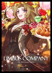 1girl :d anniversary balloon black_border black_choker black_coat black_pants black_vest blue_eyes border breasts bright_pupils brown_hair cherry chicken_(food) choker coat collared_shirt flower food fried_chicken fruit highres large_breasts limbus_company long_hair long_sleeves looking_at_viewer open_mouth pants parted_bangs project_moon red_flower red_rose ribbon rodion_(project_moon) rose shirt smile solo standing upper_body vest white_pupils white_shirt yellow_ribbon yue_doux
