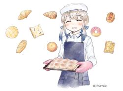 Rule 34 | 1girl, 37kuki770, apron, artist name, baker nemo (fate), baking sheet, black apron, blonde hair, blue hair, blue ribbon, blush, bread, chinese commentary, chocolate cornet, closed eyes, collared shirt, commentary request, croissant, cropped legs, donut, fate/grand order, fate (series), food, hair ribbon, hat, holding, holding tray, long sleeves, mittens, mixed-language commentary, multicolored hair, nemo (fate), open mouth, oven mitts, pastry, patissier, pie, pink mittens, ribbon, sailor hat, shirt, short twintails, simple background, smile, solo, streaked hair, tray, twintails, two-tone hair, white background, white hat, white shirt