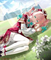 1girl absurdres aqua_eyes aqua_hair blue_sky commentary_request dated day dress hat highres honkai:_star_rail honkai_(series) hyacine_(honkai:_star_rail) looking_at_viewer lying multicolored_hair on_grass on_side outdoors pantyhose pink_hair red_dress red_hat sky smile solo twintails two-tone_hair white_pantyhose yi_ming_lan_qu