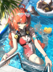 Rule 34 | 1girl, absurdres, ahoge, bare shoulders, blush, braid, braided twintails, breasts, camera, camera around neck, cleavage, climbing ladder, closed mouth, dr4v3n, eyewear on head, facial mark, from above, gradient-tinted eyewear, green eyes, hearing aid, heart, heart-shaped eyewear, heart facial mark, highres, kama (zenless zone zero), long hair, looking at viewer, looking up, official alternate costume, one-piece swimsuit, partially submerged, pink one-piece swimsuit, pool, pool ladder, poolside, raccoon, red hair, smile, solo, sphere hair ornament, swimsuit, tanuki, thigh strap, tinted eyewear, twintails, two-tone one-piece swimsuit, ukinami yuzuha, ukinami yuzuha (tanuki in broad daylight), very long hair, water, wet, wet clothes, wet swimsuit, white one-piece swimsuit, zenless zone zero