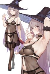 1girl absurdres alternate_costume arm_up armpits artificial_vagina babydoll black_babydoll black_bra black_footwear black_garter_belt black_garter_straps black_hat black_panties black_thighhighs blunt_bangs blush bonz_(bonz0616) bra breasts cleavage commentary crossed_legs dildo english_commentary fellatio_gesture fingernails garter_belt garter_straps gradient_hair grey_hair hat herta_(honkai:_star_rail) high_heels highres holding holding_sex_toy holding_test_tube honkai:_star_rail honkai_(series) lace lace-trimmed_babydoll lace-trimmed_bra lace-trimmed_legwear lace_trim long_hair looking_at_viewer medium_breasts multicolored_hair multiple_views nail_polish navel panties purple_eyes purple_hair purple_nails see-through_babydoll see-through_clothes sex_toy simple_background standing sweat test_tube the_herta_(honkai:_star_rail) thighhighs underwear very_long_hair white_background witch_hat
