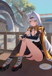 1girl absurdres ahoge asymmetrical_gloves black_unitard blush breasts cleavage closed_mouth elbow_gloves fingerless_gloves food gloves hands_on_own_knees high-waist_shorts high_heels highres jacket large_breasts long_hair mole mole_on_breast niji_(rudduf232) outdoors plate shorts single_elbow_glove single_thighhigh sitting sky solo steamed_bun thighhighs tree uneven_gloves white_hair yellow_eyes yellow_jacket yin_yang_pin yixuan_(zenless_zone_zero) zenless_zone_zero