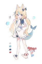 ! !! 1girl ahoge animal_ears animal_hood blonde_hair blue_bow blue_eyes blue_hair bow cat_ears cat_hood crab dress fins fish_girl fish_tail hair_bow highres hood hooded_dress indie_virtual_youtuber kaniki_(sameko_saba) kiri_y lifebuoy_hair_ornament long_hair low_twintails multicolored_hair one_side_up open_mouth sameko_saba sleeveless sleeveless_dress smile solo streaked_hair tail twintails v virtual_youtuber white_background white_dress
