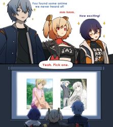 1boy 2girls belle_(zenless_zone_zero) boku_no_pico brother_and_sister burnice_white clueless commentary dorahdew english_commentary english_text highres kasugano_haruka kasugano_sora multiple_girls pico_(boku_no_pico) projector_screen siblings speech_bubble stuffed_animal stuffed_rabbit stuffed_toy watching_television wise_(zenless_zone_zero) yosuga_no_sora zenless_zone_zero