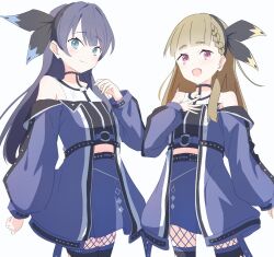 2girls :d ampere_(love_live!) bare_shoulders black_choker black_hairband black_shirt black_thighhighs blue_coat blue_eyes blue_hair blue_skirt braid brown_hair center-flap_bangs choker closed_mouth coat collarbone cowboy_shot crop_top cropped_shirt dollchestra fishnet_pantyhose fishnets hair_intakes hairband half_updo highres junnatsu kachimachi_kosuzu link!_like!_love_live! long_hair long_sleeves love_live! midriff miniskirt multiple_girls murano_sayaka o-ring off-shoulder_coat off_shoulder official_alternate_costume open_mouth pantyhose pink_eyes puffy_long_sleeves puffy_sleeves shirt side_braids simple_background skirt sleeveless sleeveless_shirt smile standing thighhighs thighhighs_over_pantyhose virtual_youtuber white_background
