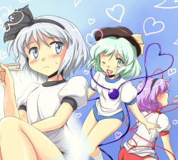 3girls alternate_costume ass blue_eyes buruma chopsticks female_focus flx green_eyes green_hair gym_uniform hairband hat komeiji_koishi komeiji_satori konpaku_youmu konpaku_youmu_(ghost) mouth_hold multiple_girls open_mouth purple_hair ribbon saliva short_hair siblings silver_hair sisters squatting third_eye touhou wink