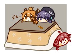 ._. :&lt; :3 a.i._voice adachi_rei ahoge beret blush_stickers border chibi commentary drill_hair english_commentary food food_on_head fruit fruit_on_head grey_background hair_ribbon hat headlamp highres jitome kasane_teto kotatsu mandarin_orange nao_(nao_62_) no_mouth object_on_head one_side_up orange_eyes orange_hair outside_border purple_eyes purple_hair radio_antenna red_hair ribbon robot_ears simple_background table under_kotatsu under_table utane_uta utau white_border white_ribbon