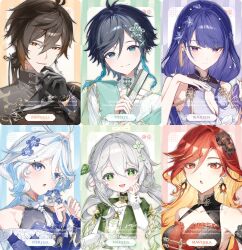 Rule 34 | 2boys, 4girls, :d, :o, absurdres, ahoge, alternate costume, aqua eyes, aqua hair, bare shoulders, black gloves, black hair, blonde hair, blue eyes, blue flower, blue hair, blue pupils, blush, braid, breasts, brown eyes, brown hair, character name, cleavage, closed mouth, collarbone, colored inner hair, commentary, drop-shaped pupils, earrings, flower, folded fan, folding fan, furina (genshin impact), genshin impact, gloves, green eyes, green hair, hair between eyes, hair ornament, hair stick, hand fan, hand up, heterochromia, highres, holding, holding fan, holding flower, holding own hair, jewelry, kkopoli, large breasts, leaf hair ornament, long hair, looking at viewer, mavuika (genshin impact), medium breasts, medium hair, multicolored hair, multiple boys, multiple girls, nahida (genshin impact), open mouth, parted lips, pointy ears, purple eyes, purple hair, raiden shogun, red hair, sleeveless, smile, star-shaped pupils, star (symbol), streaked hair, symbol-shaped pupils, tassel, twin braids, upper body, venti (genshin impact), very long hair, white hair, zhongli (genshin impact)
