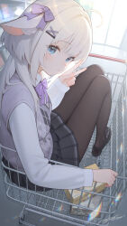1girl ahoge animal_ears black_pantyhose black_shoes blue_eyes bow bowtie closed_mouth hair_bow hair_ornament hairclip highres in_shopping_cart long_sleeves looking_at_viewer looking_back mcg6 original pantyhose pleated_skirt purple_bow purple_bowtie school_uniform shoes shopping_cart skirt solo v white_hair