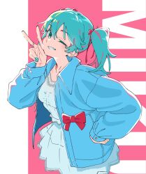 1girl aqua_eyes aqua_hair dress hatsune_miku highres jacket looking_at_viewer one_eye_closed open_clothes open_jacket smile solo tanaka_masaaki twintails v vocaloid