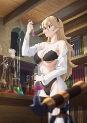 1girl :o armpits bare_shoulders black_bra black_hairband black_panties blonde_hair bookshelf bra breasts cleavage coat collarbone commentary commission corked_bottle english_commentary erlenmeyer_flask female_corrin_(fire_emblem) fire_emblem fire_emblem_fates flask hair_between_eyes hairband highres holding holding_test_tube indoors lab_coat laboratory large_breasts long_hair long_sleeves navel night nintendo off_shoulder open_clothes open_coat oppaihobby panties pointy_ears solo standing stomach test_tube thighs underboob underwear variant_set window