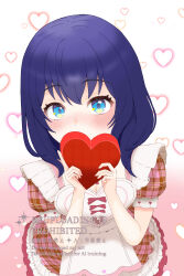 1girl absurdres apron blue_eyes blue_hair blush box dress frilled_apron frills gradient_background heart heart-shaped_box heart-shaped_pupils highres holding looking_at_viewer pink_skirt plaid_clothes plaid_dress plaid_skirt puffy_short_sleeves puffy_sleeves shizuka_(world_dai_star) short_sleeves skirt solo still_teioiro8 striped_background symbol-shaped_pupils valentine watermark world_dai_star