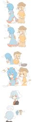 3girls ? absurdres accidental_exposure animal_ears bad_id bad_twitter_id blazer blonde_hair bloomers blue_dress blue_hair braid brown_hair rabbit_ears comic dress dress_tug female_focus flat_cap floppy_ears hat highres jacket korean_text long_hair misha_(hoongju) multiple_girls necktie orange_shirt pale_color red_eyes reisen ringo_(touhou) seiran_(touhou) shirt short_hair short_sleeves shorts spoken_question_mark touhou translation_request twintails underwear white_background