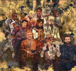 4girls 6+boys armor bald beard black_hair blackwall blonde_hair buzz_cut cassandra_pentaghast chest_hair cleavage_cutout clothing_cutout cole_(dragon_age) colored_skin dappled_sunlight dark-skinned_female dark-skinned_male dark_skin day dorian_pavus double_v dragon_age dragon_age:_inquisition dwarf earrings elf eyepatch facial_hair facial_tattoo full_beard full_body grey_skin hair_slicked_back handlebar_mustache hejee highres inquisitor_(dragon_age) jewelry looking_at_another looking_at_viewer mature_female mature_male medium_hair multiple_boys multiple_girls muscular muscular_male mustache orange_hair outdoors pectoral_cleavage pectorals pointy_ears qunari scar scar_on_face sera_(dragon_age) short_hair sitting smile solas sunlight tattoo the_iron_bull v varric_tethras very_short_hair vivienne_de_fer
