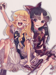 Rule 34 | 2girls, :d, absurdres, adversarial noise, arm up, ascot, bandaid, bandaid on cheek, bandaid on face, black hair, black skirt, black vest, blonde hair, bloomers, blurry, blush, braid, brown eyes, burnt clothes, buttons, closed eyes, depth of field, detached sleeves, feet out of frame, gohei, hair tubes, hakurei reimu, highres, holding, holding gohei, holding weapon, injury, kirisame marisa, knees, knees up, konpota (pixiv 113398422), long hair, midriff peek, mini-hakkero, multiple girls, navel, no headwear, open mouth, red ribbon, red shirt, red skirt, ribbon, shirt, single braid, sitting, skirt, smile, sweatdrop, torn clothes, touhou, underwear, vest, weapon, white background, yellow ascot