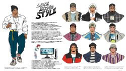 2010 6+boys absurdres bara baseball_cap beanie brown_hair bulge cellphone computer cup earrings eyebrow_piercing face_piercing facial_hair glasses goatee hat highres holding holding_cup jewelry kuromine_hiraya layered_clothes male_focus multicolored_hair multiple_boys necklace original phone piercing pink_hair shirt simple_background single_earring smartphone two-tone_hair white_background white_shirt white_sneakers wireless_earphones