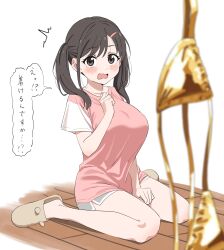 1girl ^^^ bikini breasts commentary_request gold_bikini hair_ornament hairclip highres large_breasts looking_at_viewer open_mouth original pink_shirt revision shirt short_sleeves simple_background sincos solo speech_bubble swimsuit t-shirt translation_request twintails white_background