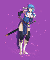 1girl absurdres ahoge armor belt blue_hair blue_tunic boots breastplate commission commissioner_upload elbow_gloves fire_emblem fire_emblem:_genealogy_of_the_holy_war gloves hand_on_own_hip headband highres if_they_mated nintendo one_eye_closed original pelvic_curtain petals popped_collar purple_eyes rod_langhi sash selia sheath sheathed short_hair shoulder_armor sidelocks simple_background smile solo standing sword thighhighs tomboy tunic weapon white_headband