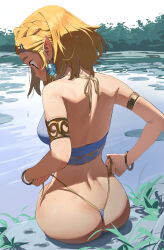 1girl armlet ass bikini blonde_hair blush braid breasts commentary crown_braid earrings flower green_eyes highres jewelry lily_pad medium_breasts nintendo official_alternate_hair_length official_alternate_hairstyle parted_bangs pointy_ears pond princess_zelda short_hair solo some1else45 swimsuit the_legend_of_zelda the_legend_of_zelda:_tears_of_the_kingdom thong thong_bikini wardrobe_malfunction water water_lily_flower