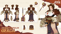 1girl afk_(series) afk_journey animal_ear_fluff animal_ear_piercing animal_ears animal_hands bear_ears bear_girl bear_tail belt belt_buckle belt_pouch braid braided_bun breasts brown_belt brown_corset brown_hair brown_nails brown_sandals buckle character_name claws closed_mouth commentary copyright_name corset ear_piercing english_commentary english_text facial_mark facing_away forehead_mark fur_trim gem gerda_(afk) green_gemstone hair_bun hammer hand_on_own_hip highres jewelry large_breasts lips logo long_hair multicolored_hair multiple_views nail_polish necklace official_art parted_bangs pelvic_curtain piercing pouch profile purple_skirt reference_sheet sandals single_hair_bun skirt streaked_hair tail tassel toenail_polish toenails yellow_eyes