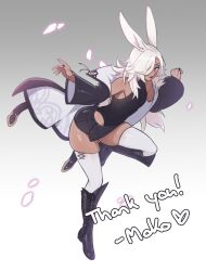 1boy animal_ears black_boots black_leotard black_shorts boots dark-skinned_male dark_skin eyeshadow gradient_background grey_background high_collar highres jacket knee_boots lace-up_boots leotard long_hair makeup male_focus mokotoko9 open_mouth original purple_eyeshadow rabbit_boy rabbit_ears shorts skindentation smile solo thank_you trap two-sided_fabric two-sided_jacket white_background white_hair wide_sleeves