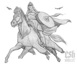 Rule 34 | 1girl, absurdres, armor, bird, braid, cape, christian sloan hall, crow, flying, graphite (medium), highres, horse, horseback riding, monochrome, norse mythology, original, riding, shield, solo, traditional media, twin braids, valkyrie