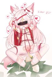 1girl absurdres anal anal_beads anal_object_insertion animal_ears arms_behind_head arms_up backpack bag bdsm black_blindfold blindfold blush bondage bound censored chinese_commentary cleft_of_venus clothes_gag copyright_request crime_prevention_buzzer dated facing_viewer feet flat_chest fox_ears fox_girl fox_mask fox_tail full_body gag gagged heart hehehzb highres improvised_gag loli long_hair mask mask_on_head mosaic_censoring mouth_hold nipples no_shoes object_insertion original panties panties_in_mouth panty_gag pantyhose pink_hair pussy randoseru remote_control_vibrator rope sex_toy simple_background soles solo speech_bubble spoken_heart spread_legs stirrup_footwear tail tassel thighhighs toes topless_female torn_clothes torn_pantyhose underwear vaginal vaginal_object_insertion vibrator vibrator_cord vibrator_in_thighhighs white_background white_pantyhose