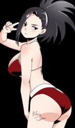 1girl arm_up ass back bare_shoulders bikini black_eyes black_hair blush boku_no_hero_academia breasts hair_pulled_back large_breasts long_hair looking_at_viewer ponytail red_bikini relaxjon simple_background solo swimsuit v wide_ponytail yaoyorozu_momo