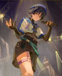 Rule 34 | 1boy, absurdres, alternate costume, aqua belt, belt, beret, black bodysuit, black gloves, black hair, black shorts, blue trim, bodysuit, closed eyes, commentary, cowboy shot, cropped jacket, elbow gloves, eyeliner, eyeshadow, from below, genshin impact, gloves, hand up, hat, highres, holding, holding microphone, hoyofair, idol, jacket, leg focus, lic 617, looking at viewer, looking down, makeup, male focus, microphone, o-ring, o-ring thigh strap, open hand, partially fingerless gloves, purple eyes, purple hat, purple straps, red eyeliner, red eyeshadow, scaffolding, scaramouche (genshin impact), short sleeves, shorts, smile, solo, spotlight, stage lights, thigh strap, wanderer (genshin impact), wanderer (truth &amp; justice) (genshin impact), white jacket, white sleeves