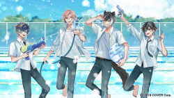 4boys :d alternate_costume alternate_hairstyle animal_ears aqua_eyes arm_up astel_leda ball barefoot beachball belt belt_buckle black_belt black_hair black_nails black_shirt black_undershirt blonde_hair blue_hair blue_necktie blue_pants blurry blurry_background buckle carrying carrying_under_arm chain-link_fence cloud collared_shirt colored_inner_hair copyright_notice day dual_wielding earrings fang feet_out_of_frame fence fingernails foot_out_of_frame green_eyes grey_shirt grin hair_between_eyes hand_up highres holding holding_hose holding_water_gun holostars hose jackal_boy jackal_ears jackal_tail jewelry kageyama_shien kanade_izuru low_ponytail male_focus medium_hair multicolored_hair multiple_boys nail_polish necktie official_art one_eye_closed open_clothes open_mouth open_shirt pants partially_unbuttoned pink_hair ponytail pool poolside purple_eyes rikka_(holostars) school_uniform sharp_fingernails shirt short_hair short_sleeves single_earring sleeves_rolled_up smile standing standing_on_one_leg streaked_hair t-shirt tail teito_(0w0kuma) toenail_polish toenails tree two-tone_hair undershirt untucked_shirt virtual_youtuber water water_gun white_hair white_shirt yellow_eyes