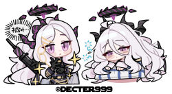 Rule 34 | 1girl, black halo, black horns, blue archive, coat, coat on shoulders, decter999, demon girl, demon horns, demon wings, dual persona, forehead, gun, halo, hina (blue archive), hina (pajamas) (blue archive), horns, long hair, low wings, machine gun, mg42, multiple horns, pajamas, parted bangs, pink pajamas, polka dot, polka dot pajamas, purple eyes, purple wings, simple background, weapon, white background, white hair, wings