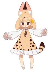 1girl adapted_costume animal_ears animal_print blonde_hair blush cat_ears cat_girl cat_tail dress flower hair_flower hair_ornament highres kemono_friends long_sleeves looking_at_viewer necktie notora open_mouth serval_(kemono_friends) short_hair smile solo striped_tail tail