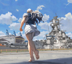 1girl barefoot battleship blonde_hair blue_hair blue_sky cloud crane_(machine) dress harbor highres hospital_gown kantai_collection kneepits long_hair military_vehicle multicolored_hair original personification phalanx_ciws radar ship ship_turret short_sleeves sky smokestack solo two-tone_hair uss_missouri_(bb-63) uss_missouri_(bb-63)_(personification) vehicle_and_personification warship watercraft white_dress ye_fan