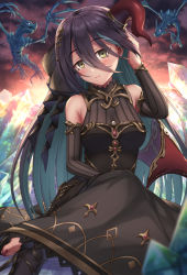 Rule 34 | 1girl, bare shoulders, black dress, black hair, black sleeves, blue hair, blush, breasts, brown eyes, closed mouth, commentary request, crystal, curled horns, detached sleeves, dragon, dress, hair between eyes, head tilt, horns, long hair, long sleeves, medium breasts, multicolored hair, nail polish, outdoors, princess connect!, ranpha (princess connect!), red wings, single horn, single wing, sitting, skeleton, sleeveless, sleeveless dress, solo, striped sleeves, two-tone hair, vertical stripes, very long hair, wings, yuririn poi