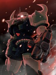 Rule 34 | armor, embers, from below, glowing, glowing eye, gouf custom, gun, gundam, gundam 08th ms team, highres, horns, looking at viewer, mecha, mobile suit, no humans, one-eyed, primate nemesis, red eyes, red sky, robot, science fiction, shoulder spikes, single horn, sky, smoke, smoking barrel, solo, spiked armor, spikes, standing, weapon