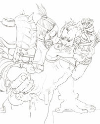2boys cum eyebrows fat fat_man fingerless_gloves gas_mask gloves junkrat_(overwatch) male_focus mask mechanical_arms monochrome multiple_boys overwatch overwatch_1 peg_leg penis roadhog_(overwatch) short_hair single_mechanical_arm spikes tattoo thick_eyebrows white_background yaoi yukiuy