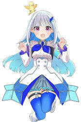 1girl armband ayuko_ammobium bird blue_armband blue_hair blue_neckerchief blue_skirt blue_thighhighs boots breasts buttons collared_shrug colored_inner_hair commentary_request double-breasted frilled_skirt frilled_sleeves frills full_body hands_up high-waist_skirt highres knees_together_feet_apart layered_skirt legwear_garter light_blush lize_helesta lize_helesta_(1st_costume) long_hair long_sleeves miniskirt monocle multicolored_hair neckerchief nijisanji open_mouth pleated_skirt purple_eyes sebastian_piyodore shirt shirt_tucked_in shrug_(clothing) sidelocks simple_background skirt small_breasts straight-on streaked_hair thighhighs two-tone_hair very_long_hair virtual_youtuber white_background white_boots white_hair white_shirt white_shrug white_skirt yellow_bird zettai_ryouiki