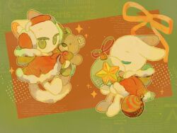 Rule 34 | 2boys, animal ear fluff, animal ears, bald, border, bow, bowtie, capelet, cat boy, cat ears, cat tail, charles calvin, chinese commentary, christmas ornaments, closed eyes, commentary request, film grain, full body, fur-trimmed capelet, fur trim, green border, green eyes, halftone, halftone background, headphones, henry stickmin, henry stickmin (series), highres, holding, holding stuffed toy, hood, hood down, hooded capelet, kemonomimi mode, looking at viewer, male focus, muchuizzzzz, multiple boys, no mouth, outline, outside border, rabbit boy, rabbit ears, red background, red bow, red bowtie, red capelet, ribbon, simple background, sparkle, star (symbol), stuffed animal, stuffed toy, tail, teddy bear, u u, white outline, white tail, yellow ribbon