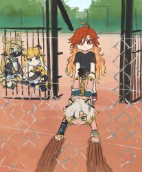 4girls alternate_costume animal_ears black_shirt black_socks blonde_hair bracelet closed_mouth earrings genshin_impact green_eyes grey_hair hair_between_eyes highres jaguar_ears jaguar_girl jaguar_tail jewelry ju_fufu long_hair looking_at_another mavuika_(genshin_impact) multicolored_hair multiple_girls outdoors pulchra_fellini red_eyes red_hair red_shoes shirt shoes short_sleeves socks tail xilonen_(genshin_impact) xinzoruo zenless_zone_zero