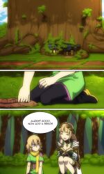 2girls black_footwear black_pants blonde_hair breasts closed_eyes cloud cloudy_sky demeter_(fate) digging english_text fate/grand_order fate_(series) forest fujimaru_lavender_(altermagna) garden green_shirt highres house kneeling large_breasts laurel_crown lazyartlazy12 mother_and_daughter multiple_girls nature open_mouth original pants purple_eyes scarf shirt sky speech_bubble squatting tree window yellow_scarf