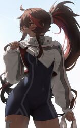 Rule 34 | 1girl, absurdres, arc2urus, backlighting, bandaid, bandaid on cheek, bandaid on face, black unitard, brown hair, clothes lift, commentary, covered navel, cowboy shot, cropped hoodie, dark-skinned female, dark skin, gauze, gauze on leg, highres, hood, hoodie, hoodie lift, juliette (omega strikers), lifting own clothes, long hair, long sleeves, looking to the side, omega strikers, ponytail, puffy long sleeves, puffy sleeves, sleeves past wrists, solo, white hoodie