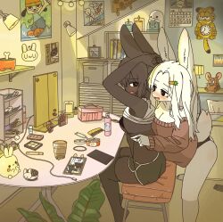 2girls among_us animal_ears bikini black_bikini black_panties black_shorts blush bottle breasts calendar_(object) candle carrot_hair_ornament cellphone character_request cleavage clock clothes_lift comb commentary creatures_(company) dolphin_shorts fang food-themed_hair_ornament furry furry_female furry_with_furry game_freak garfield garfield_(character) gen_1_pokemon hair_ornament highres indoors jerry_(tom_and_jerry) lamp large_breasts long_hair multiple_girls nintendo open_mouth original panties parappa parappa_the_rapper perfume_bottle phone pikachu pink_sweater plant pokemon poster_(object) red_(among_us) shirt shirt_lift shorts sitting smartphone smile standing sweater swimsuit symbol-only_commentary tail tissue_box tom_and_jerry underwear uwu white_hair white_shirt yagi_(mike_no_hito) yuri