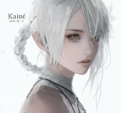 1girl bandaged_neck bandages bare_shoulders braid braided_hair_rings character_name commentary_request d.k flower from_side hair_flower hair_ornament hair_rings kaine_(nier) looking_at_viewer nier nier_(series) parted_lips tanaka_atsuko white_background white_hair yellow_eyes