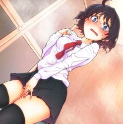 1girl akahane_daisuke bad_id bad_pixiv_id bathroom covering_crotch covering_privates embarrassed female_focus glasses looking_at_viewer looking_down mole original school_uniform shirt short_hair skirt solo tears thighhighs thighs zettai_ryouiki