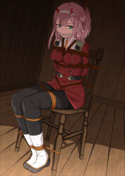 1girl absurdres bdsm black_pants bondage boots bound bound_arms bound_legs breasts cleave_gag cloth_gag collared_shirt crotch_rope darling_in_the_franxx full_body gag gagged gn_nanon green_eyes highres improvised_gag long_hair looking_to_the_side necktie on_chair pants pink_hair ponytail restrained shibari shibari_over_clothes shirt sidelocks sitting small_breasts solo tied_to_chair white_shirt yellow_necktie zero_two_(darling_in_the_franxx)