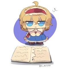 1girl 7-mirano alice_margatroid blonde_hair blue_dress blue_eyes book capelet dress frills fumo_(doll) grimoire grimoire_of_alice hairband highres open_book page_tear revealing_layer short_hair solo touhou
