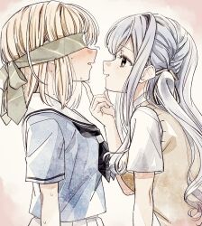 2girls bang_dream! bang_dream!_it&#039;s_mygo!!!!! black_neckerchief blindfold blue_hair blue_shirt braid brown_sweater_vest ccc_cloudy commentary_request hanasakigawa_school_uniform hand_on_another&#039;s_chin haneoka_school_uniform highres long_hair misumi_uika multiple_girls neckerchief sailor_collar school_uniform serafuku shirt short_sleeves sidelocks simple_background sweater_vest togawa_sakiko trembling upper_body white_background white_sailor_collar white_shirt yellow_eyes yuri