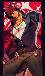 1boy animal_ears bara black_jacket commentary english_commentary highres jacket jewelry komano_manato_(zzz) leather leather_jacket luvbeats male_focus multicolored_hair muscular muscular_male necklace pectorals shirt white_shirt wolf_ears zenless_zone_zero